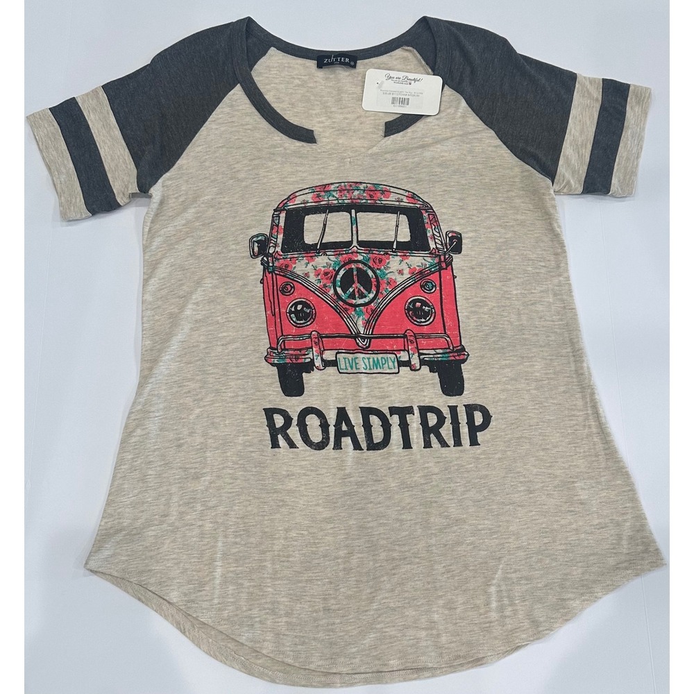 Zutter USA Women Roadtrip Graphic Tee Oatmeal Grey Raglan Sleeve M B1127OA